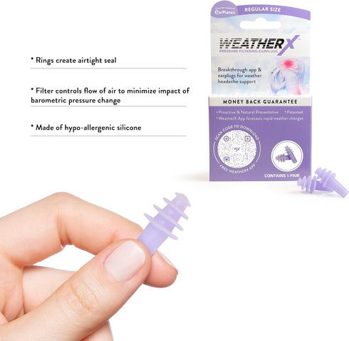 WeatherX Headache Prevention Earplug for Barometric Pressure Shifts, Regular 1 PK, Free Alert App Download