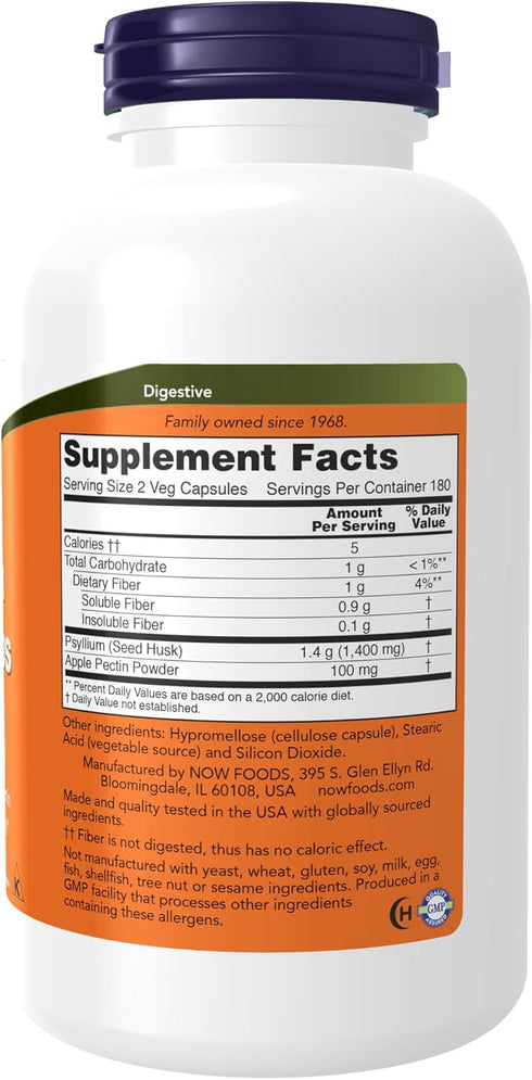 NOW Supplements, Psyllium Husk Caps 700 mg with 50 mg of Apple Pectin, Intestinal Health*, 360 Veg Capsules