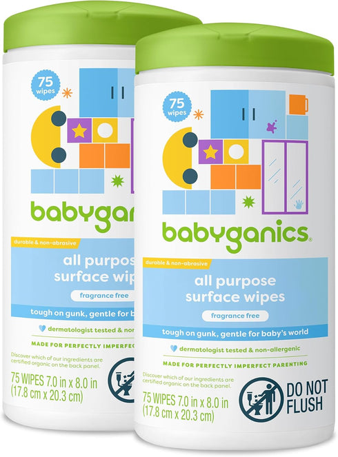 Babyganics All Purpose Surface Wipes, 75 ct, Plant Based, Non-Abrasive, No Ammonia, No Bleach, Packaging May Vary