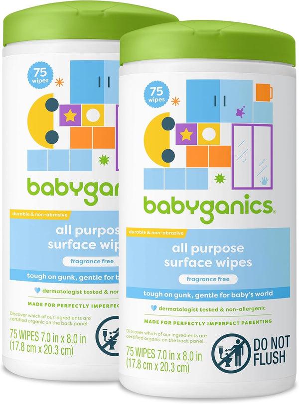 Babyganics All Purpose Surface Wipes, 75 ct, Plant Based, Non-Abrasive, No Ammonia, No Bleach, Packaging May Vary