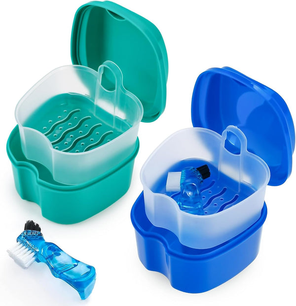 2 Pack Color Retainer Cleaner Case, Denture Cups for Soaking Dentures, Travel Container with Lid