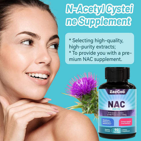 NAC Supplement, N-Acetyl Cysteine Capsules 800mg with Milk Thistle 200mg, 90 Count, Vegan, GMOs-Free