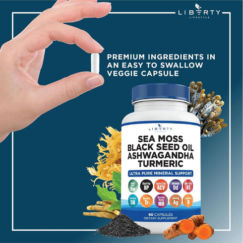 Sea Moss 3000mg, Black Seed Oil 2000mg, Ashwagandha 1000mg, Burdock 1000mg Root Mineral Support - 120 Count
