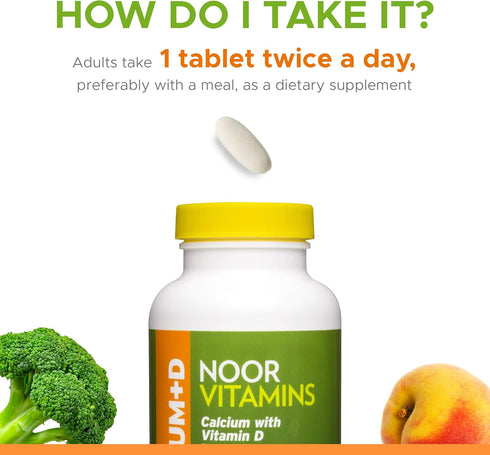 Noor Vitamins Halal Calcium Plus Vitamin D - 600 mg Calcium & 800 IU D2 per Tablet - 120 Tablets