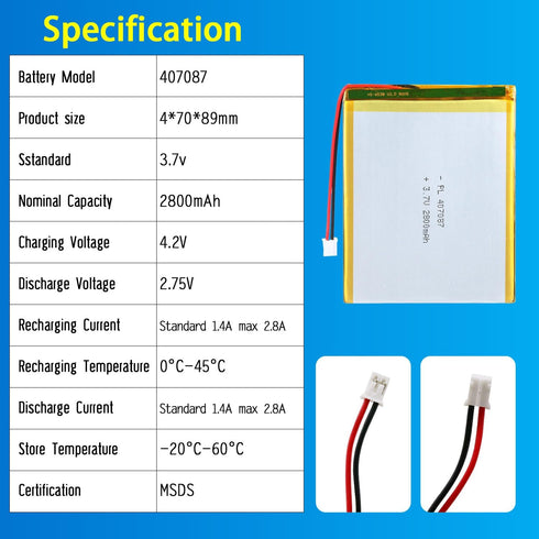 407087 3.7V Lipo Battery 2800mAh Rechargeable Lithium Polymer Pack with JST PH2.0mm Connector for Electronics