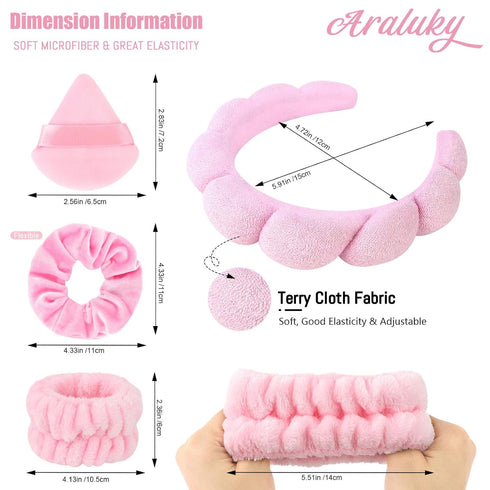 7Pcs Puffy Spa Headband and Wristband Set Skincare Headband for Washing Face Scrunchies Powder Puffs Sponge Spa Makeup Headband Puffy Headband Terry Cloth Headband for Mask Makeup Removal-Pink
