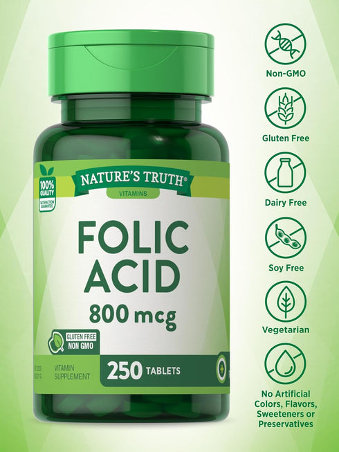 Nature's Truth Folic Acid 800 mcg | 250 Tablets | Vegetarian, Non-GMO & Gluten Free Supplement