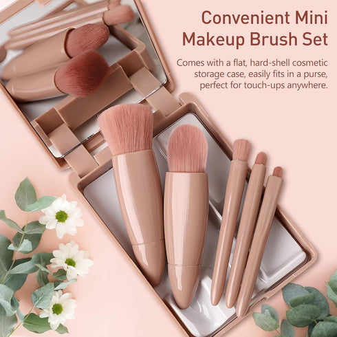 Pink Easy-taken Travel Makeup Brush Set with Mirror, 5 pcs Mini Complete Function Cosmetic Brushes Kit (4.2 inch *3.0 inch)