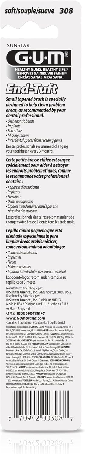 GUM End Tuft Toothbrush - Extra Small Head for Hard-to-Reach Areas, Soft Dental Brush for Adults, 1 Count