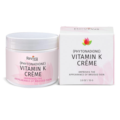 Reviva Labs Vitamin K Crème, 2 Oz for Bruising, Under-Eye Dark Circles, Wrinkles, Soybean Oil, Natural Fruit Extracts