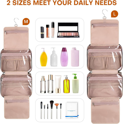 Women's Pink Travel Toiletry Bag - Hanging Makeup Organizer for Accessories and Full-size Containers