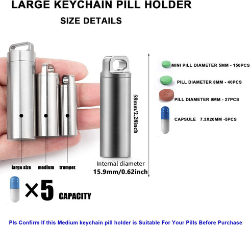 TISUR Portable Pill Cases, Waterproof Metal Titanium Pill Holder, Keychain Pill Box, Medicine Organizer for Travel,
