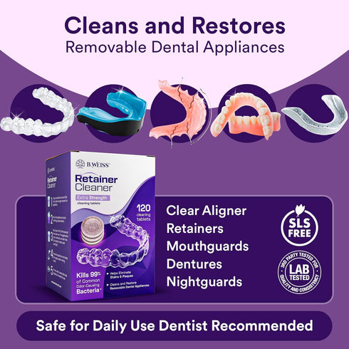 Retainer Cleaner Tablets, Invisalign Cleaner, Remove Stains, Odors & Plaque, Night Guard Cleaner, 120 Tablets,