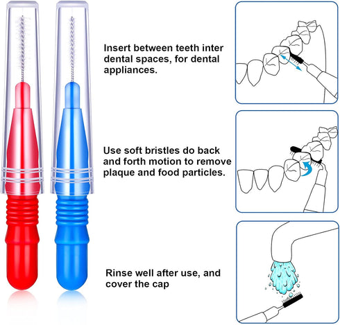 Patelai 50 Pieces Braces Brush, Interdental Brush Toothpick Dental Flossing Head for Oral Hygiene, Red, Blue