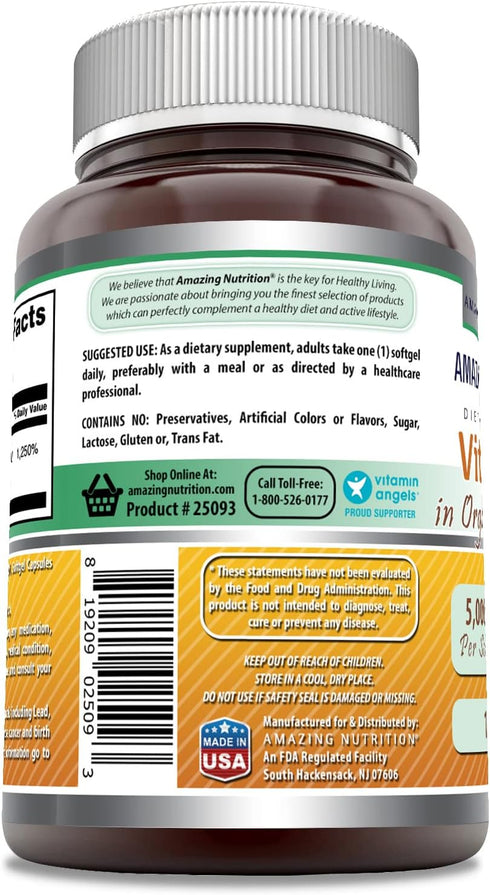 Amazing Formulas Vitamin D3 with Coconut Oil Supplement | 5000 IU Per Serving | 180 Softgels | Non-GMO | Gluten Free | Made in USA