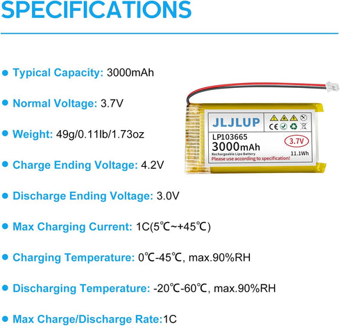 JLJLUP 2Pcs 3.7V 3000mAh Pack JST1.25mm ESP32 Lipo Battery Rechargeable Lithium Polymer Batteries with Connector