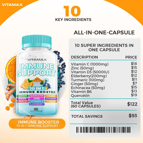10-in-1 Immune System Support Booster - Elderberry, D3, Selenium, Quercetin, Zinc, Vitamin C & More - 60 Count