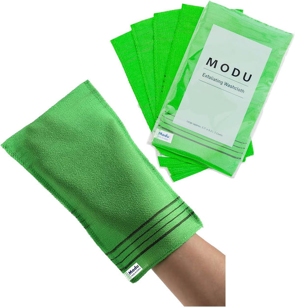 Modu 5 Pcs Korean Exfoliating Mitt Bath Washcloth, 9.1 X 6 in, Large 5 Pcs, Green