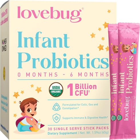Lovebug Award Winning USDA Organic Probiotic for Infants | Ages 0-6 Months | Helps with Colic, Reflux, Diarrhea,