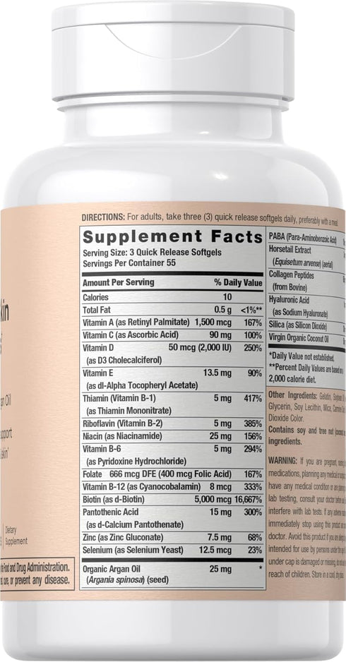 Hair, Skin and Nails Vitamins | 165 Softgels | with Biotin, Collagen & Moroccan Argan Oil | Non-GMO & Gluten Free Supplement for Men and Women