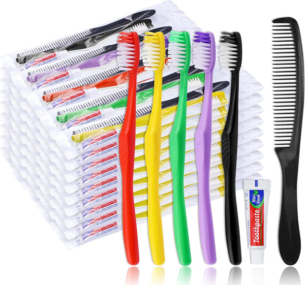 20Pcs Disposable Toothbrushes with Toothpaste and Comb, Travel Kit for Guests, 5 Colors, Individually Wrapped