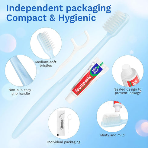 Packaged, (100-PACK) Disposable Toothbrushes with Toothpaste, Travel Toothbrush Kit, Individually Light Blue