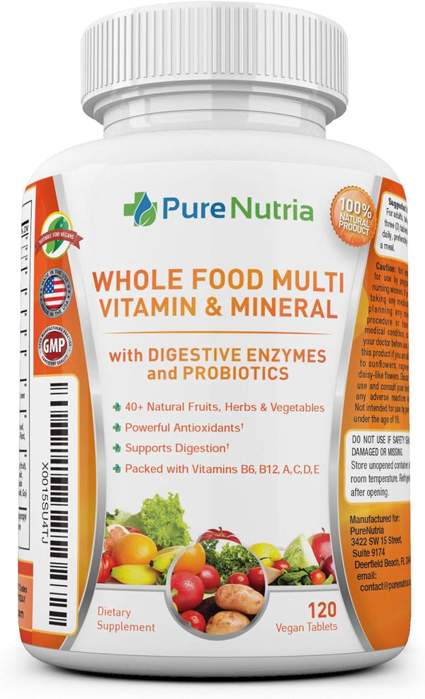 Whole Food Multivitamin and Minerals with Probiotic Enzymes, 120 Multivitamins for Women and Men