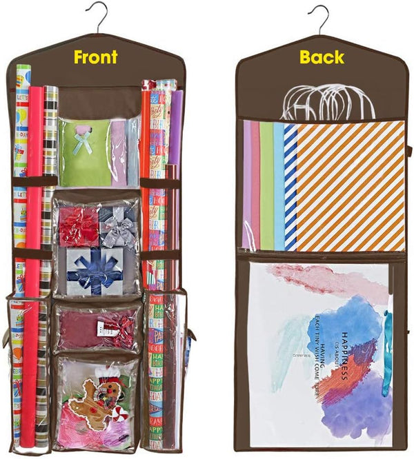 ProPik Hanging Double Sided Wrapping Paper Storage Organizer with Multiple Pockets, 40"X17" Clear PVC Bag (Brown)