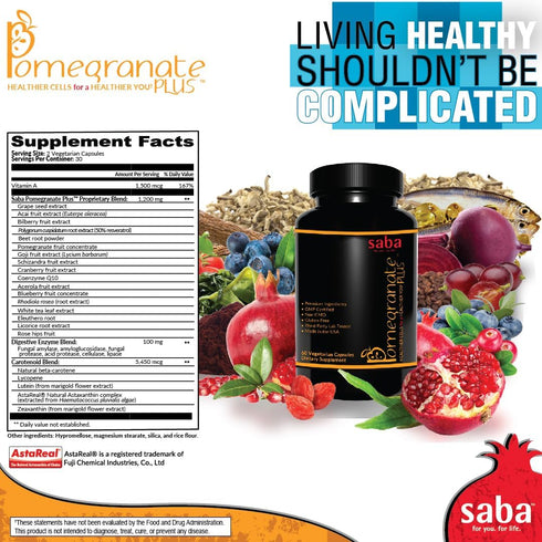 Saba Pomegranate PLUS - Cellular Nutrition, Broad Spectrum of Essential Antioxidants - Support for Stress,