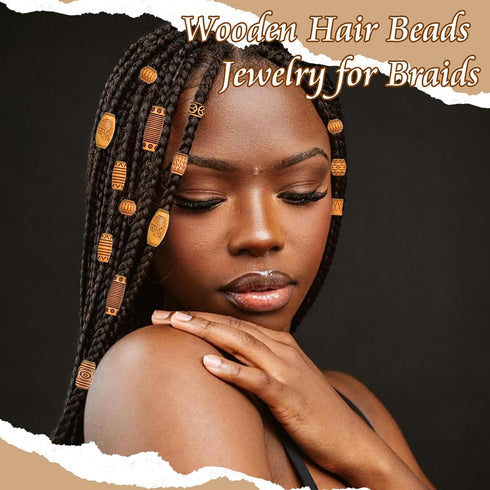 NAISKA 45 Pcs Wooden Hair Jewelry for Braids, Locs Dreadlock Accessories, DIY Braid Clips and Cuffs for Women Girls