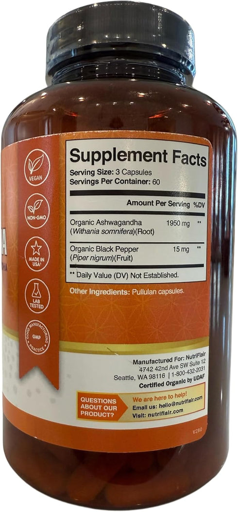 NutriFlair Organic Ashwagandha Root Extract - with Organic Black Pepper - Stress and Mood Support - Powerful
