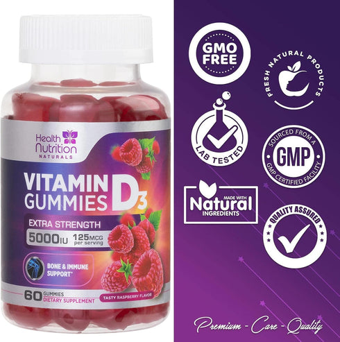 Vitamin D3 Gummies Extra Strength 5000 IU (125 mcg), 60 Gummies - Bone, Teeth, Muscle & Immune Support