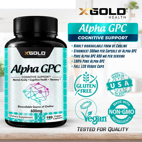 Alpha GPC Choline Supplement 600mg - Highly Purified Source of Choline, 180 Veggie Capsules for Cognitive Enhancement
