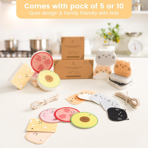 Cellulose Compressed Eco-Sponge 5 Pack, Avocado Sandwich Set, Plastic-Free & All-Natural Wood Pulp for Cleaning
