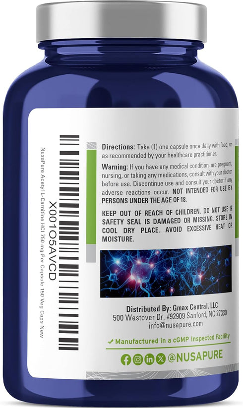 NusaPure Acetyl L-Carnitine - 750mg per Capsule, 150 Veggie Capsules (Non-GMO, Vegan), High Potency Acetyl L Carnitine
