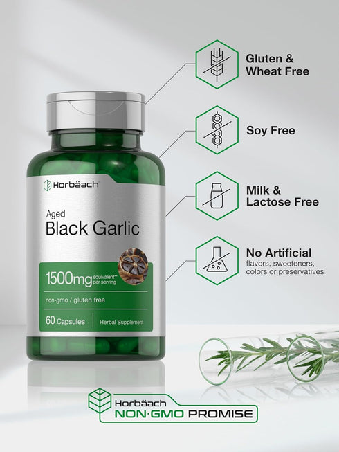 Horbaeach Aged Black Garlic Capsules 1500mg | 60 Count | Fermented Extract Supplement, Non-GMO, Gluten Free