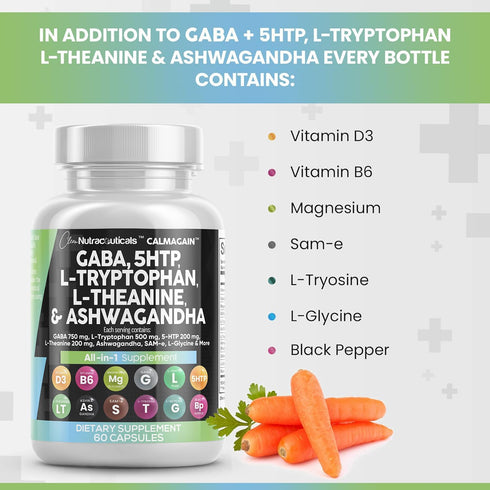 Clean Nutraceuticals GABA 750mg - Mood Support Vitamins with 5 HTP, L Tryptophan, Ashwagandha & More