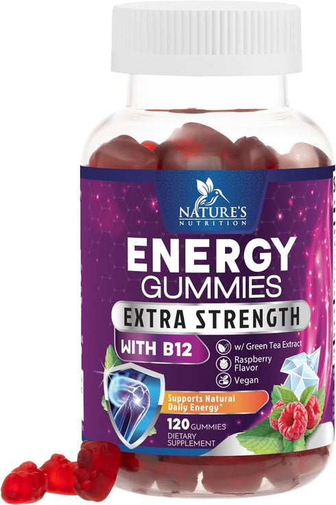 Extra Strength Energy Gummies with Vitamin B12, Green Tea & Natural Caffeine, 1000 mcg, 120 Count, Berry Flavor