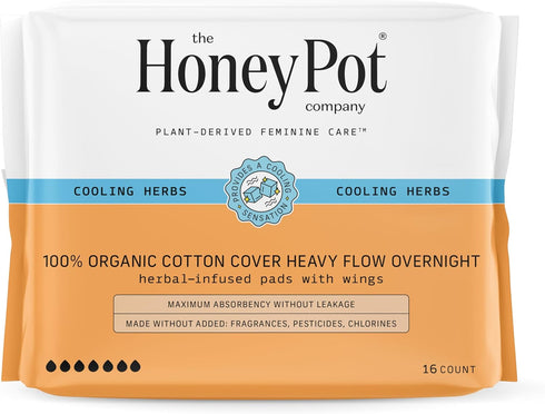 The Honey Pot Company Herbal Pads for Women - Heavy Flow Overnight Pads with Wings, Organic Cotton Cover (16 ct)