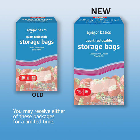 Amazon Basics Quart Food Storage Bags, Stand & Fill, 150 Count