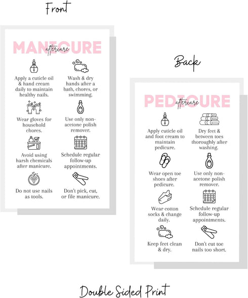 Manicure and Pedicure Aftercare Client Instruction Cards, Nail Salon 50 pk, Minimalist Pink for Nail Techs