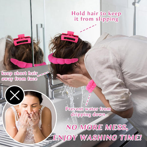 Wecoe Pink Rose Red Spa Headband And Wristband Set Skincare Headband For Washing Face Hair Claw Clips For Thick Hair Cute Puffy Sponge Bubble Makeup Headband Wrist Towels Scrunchies For Women Girls