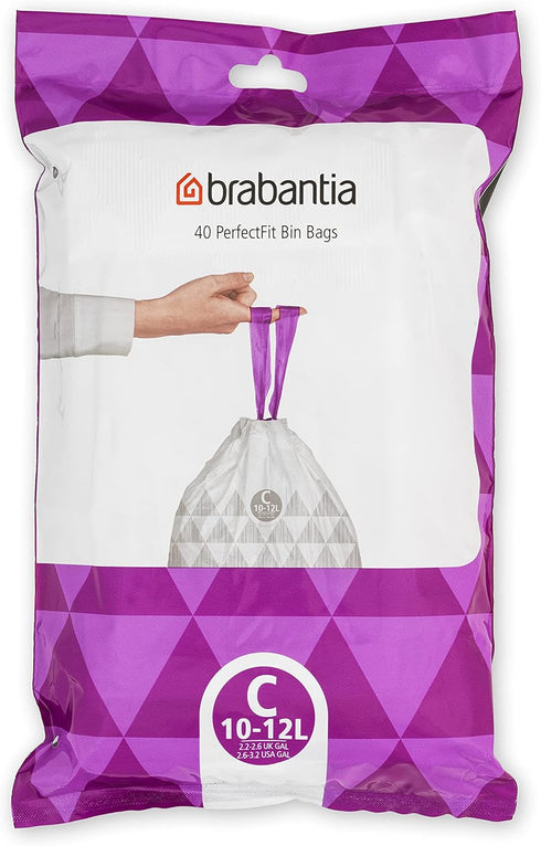 Brabantia PerfectFit Trash Bags, Size C/2.6-3.2 Gal, Thick Plastic Trash Can Liners with Drawstring Handles
