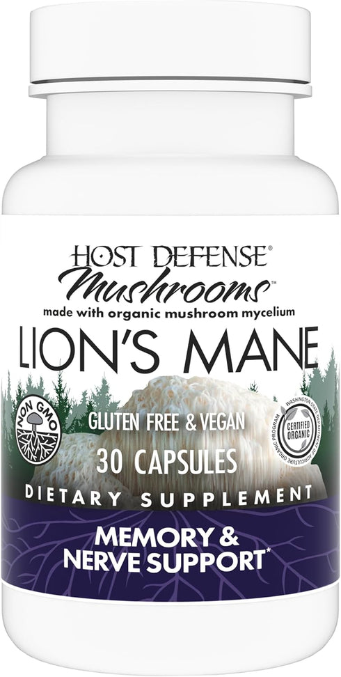Host Defense Mushrooms Lion's Mane - Brain Health Support Supplement for Focus & Memory Function, 30 Capsules