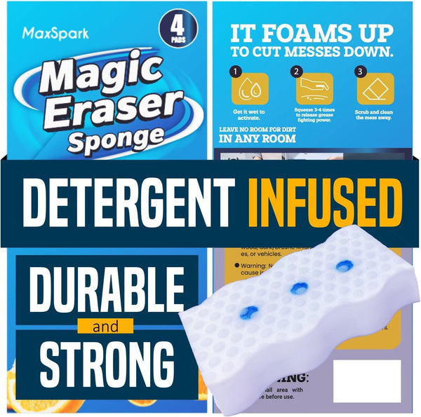 MaxSpark Magic Eraser Sponges 4 Pack Thick Melamine Cleaning Sponges for Walls, Kitchen,