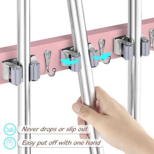 Pink Mop Broom Holder Wall Mount, 4 Slots & 4 Hooks, Wood Hanger for Kitchen Organization and Decor