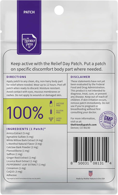 Relief Day Patch - Arnica, White Willow Bark, Saffron & Peppermint for Soreness and Discomfort for Women and Men