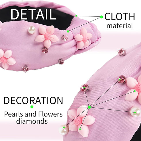 Pink Knotted Headband for Women Girls, Cute Flower Sparkle Rhinestone Headbands Floral Jeweled Wide Knot Twisted Hairband Fashion Spring Hair Accessories for Kids Holiday Gift 1PCS