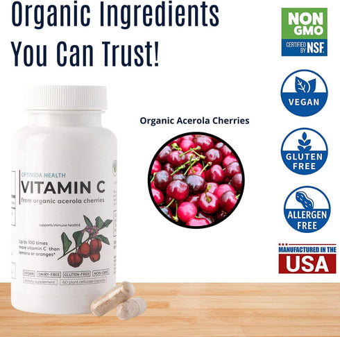 OPTIVIDA Vitamin C Plant-Based Complex - 60 Serv. Natural Organic Acerola Cherry Extract for Immune Support & Healthy