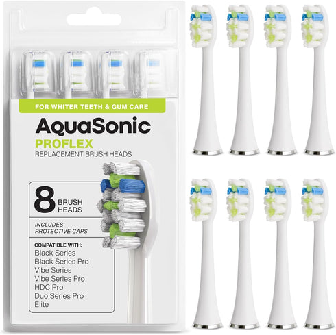 AquaSonic Proflex Replacement Brush Heads, Compatible with Many AquaSonic Toothbrush Handles, 8 Pack White